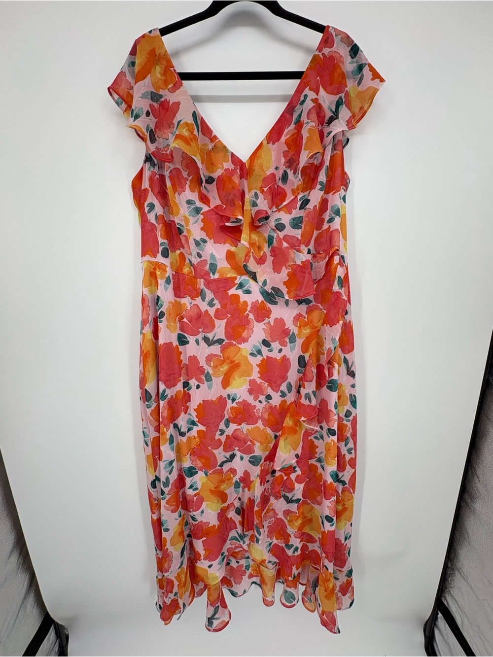London Times Dress Floral Ruffle V-Neck Midi - Pink & Orange Women’s 18W